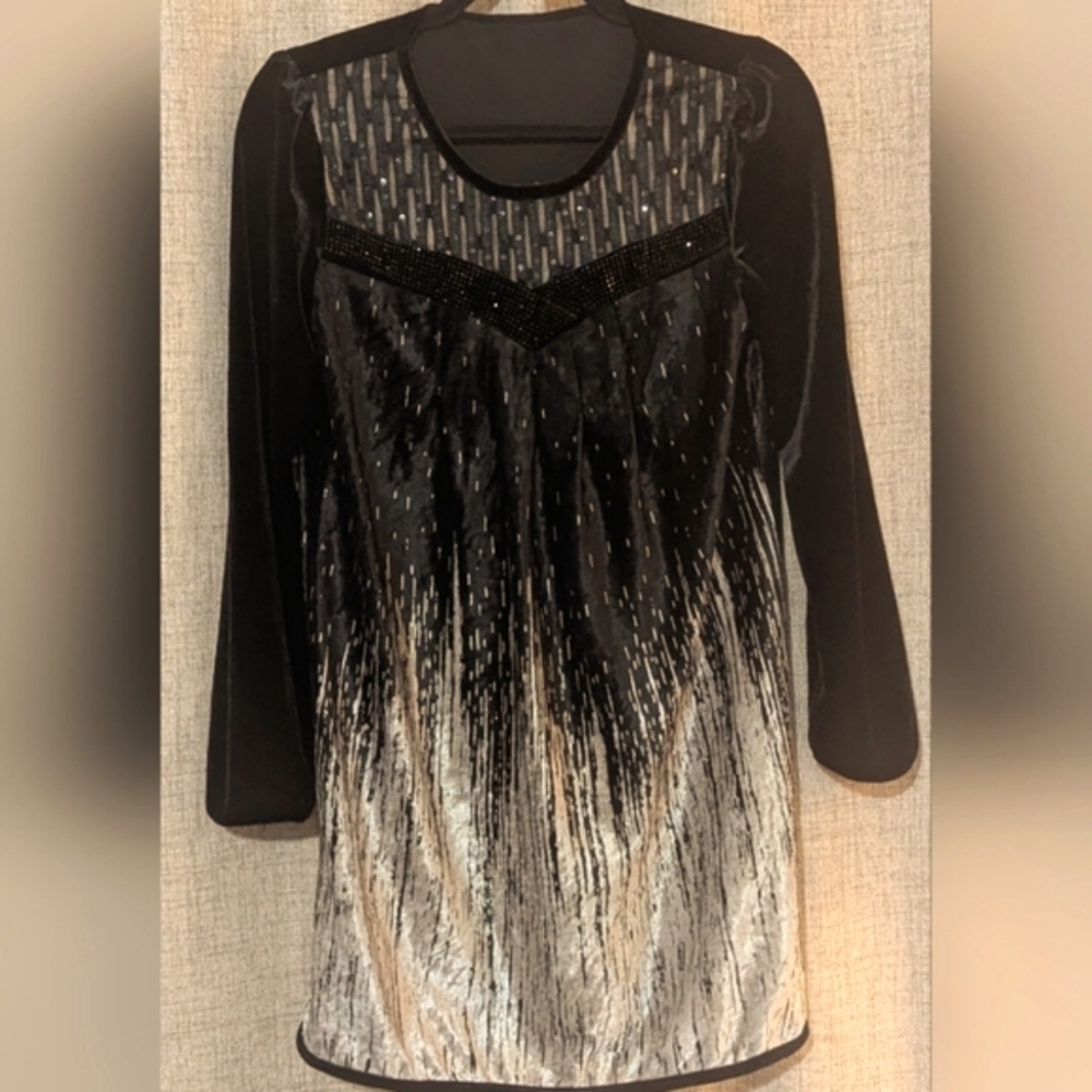 Vintage Style Deco Flapper Velvet Beaded Women's Dress Occasion Black Gold OS/M